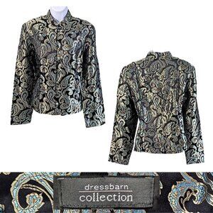 Vtg Y2K DRESSBARN COLLECTION Turquoise Mandarin Jacquard Satin Paisley Blazer M